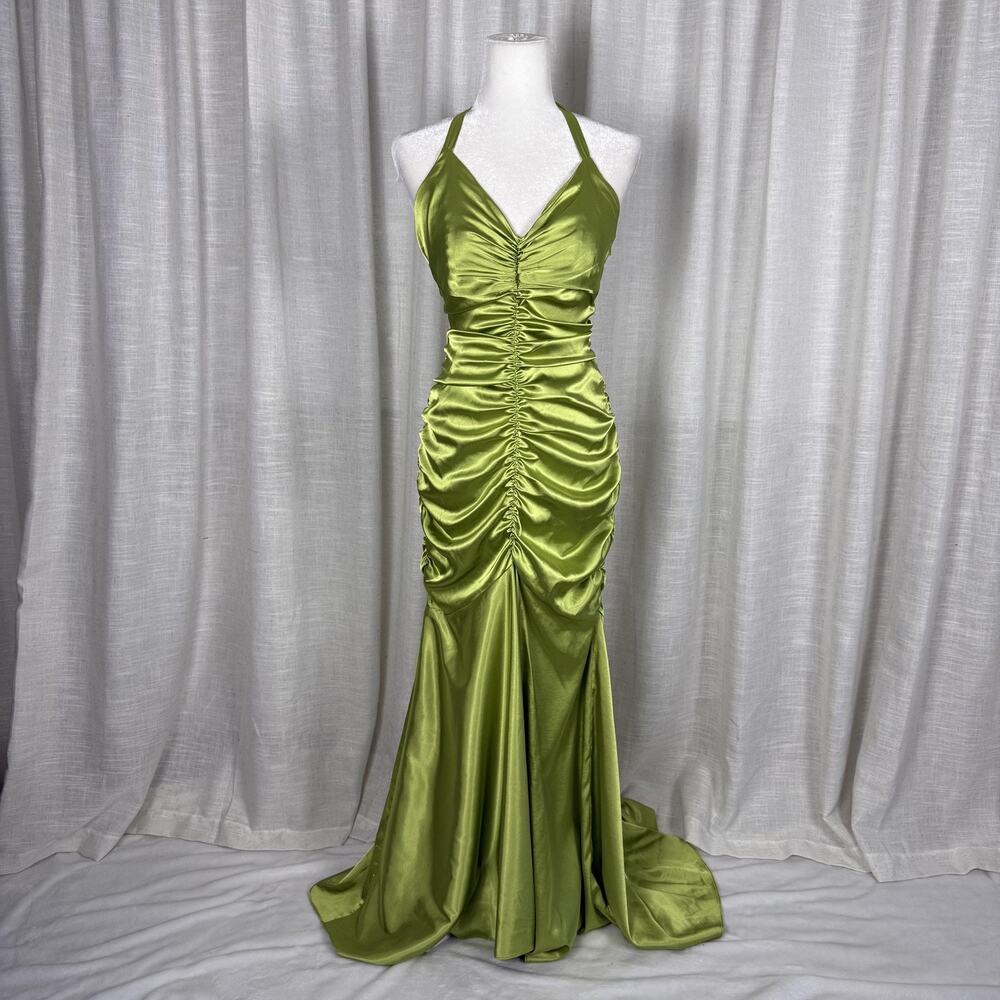 Jessica McClintock Green Satin Ruched Mermaid Formal Dress Size 10